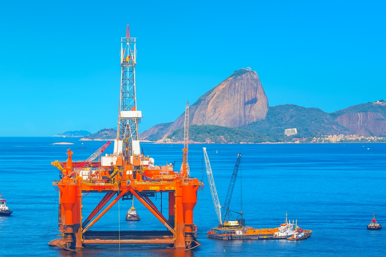 Plataforma de petróleo semissubmersível no mar, com o Pão de Açúcar ao fundo em um dia ensolarado de meio-dia.