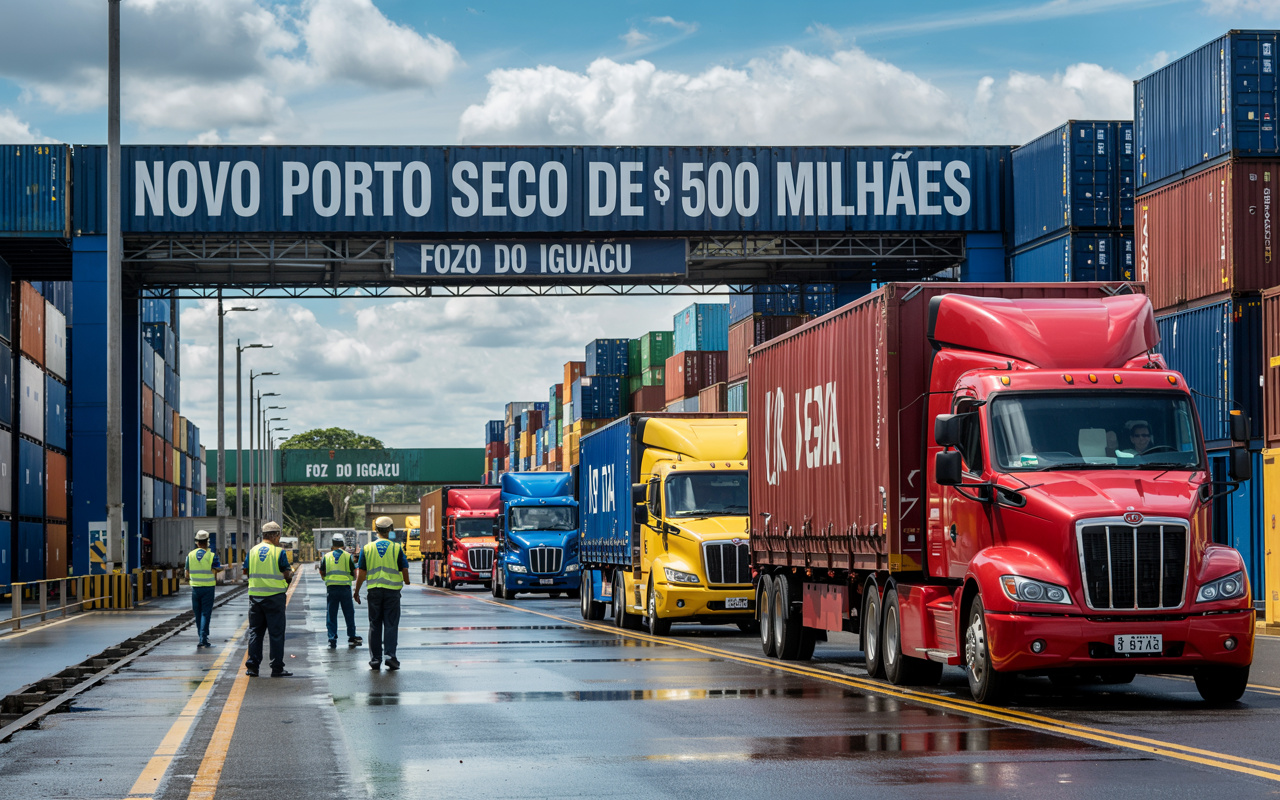 Novo porto seco de R$ 500 milhões pode tornar Foz do Iguaçu o centro logístico mais importante do Brasil, com capacidade para 2 mil caminhões por dia e 250 empregos diretos