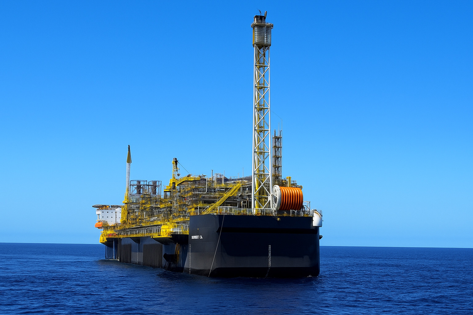 Plataforma de petróleo flutuante em alto-mar sob um céu limpo e azul.