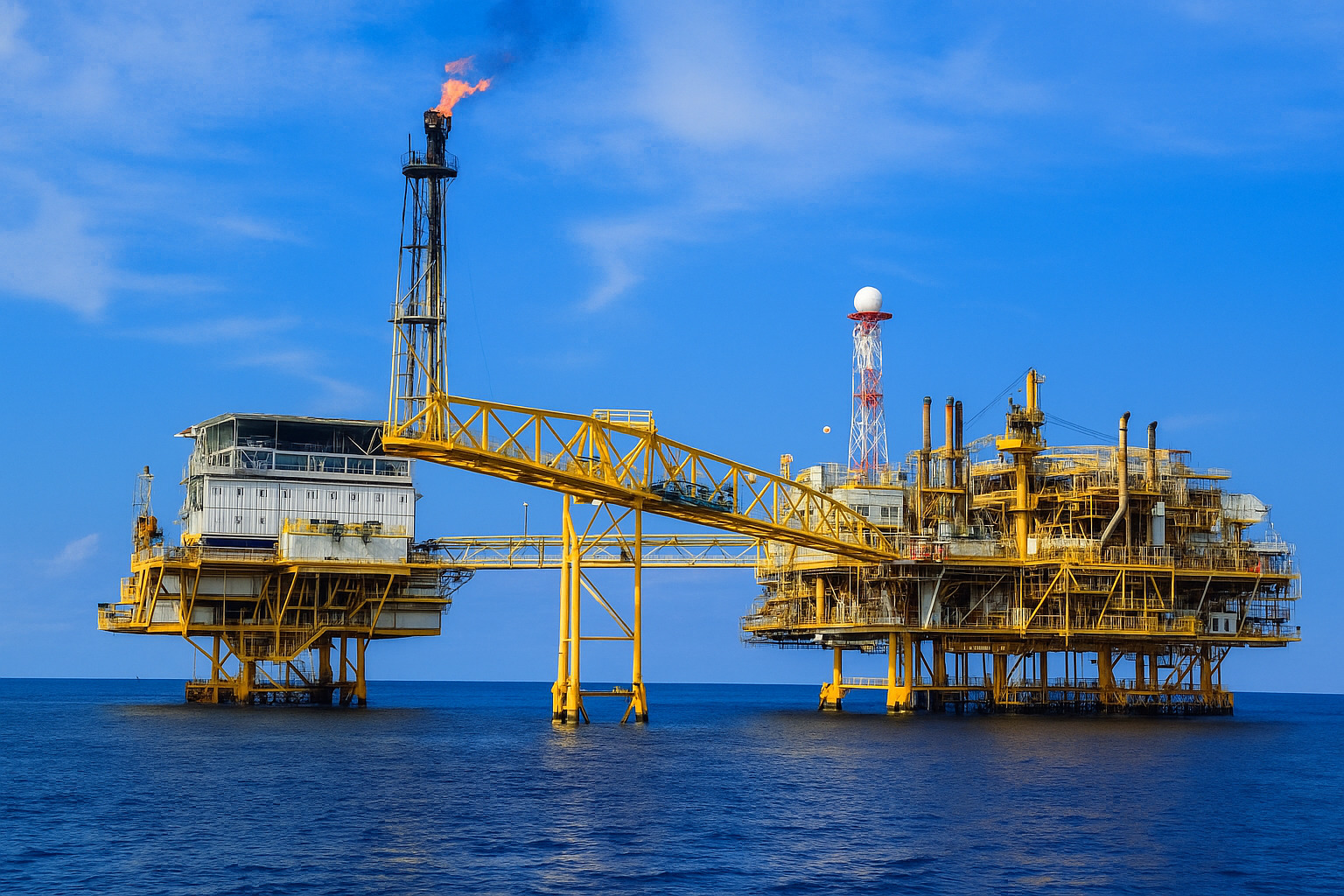 Plataforma de petróleo no mar com céu azul e algumas nuvens ao fundo.