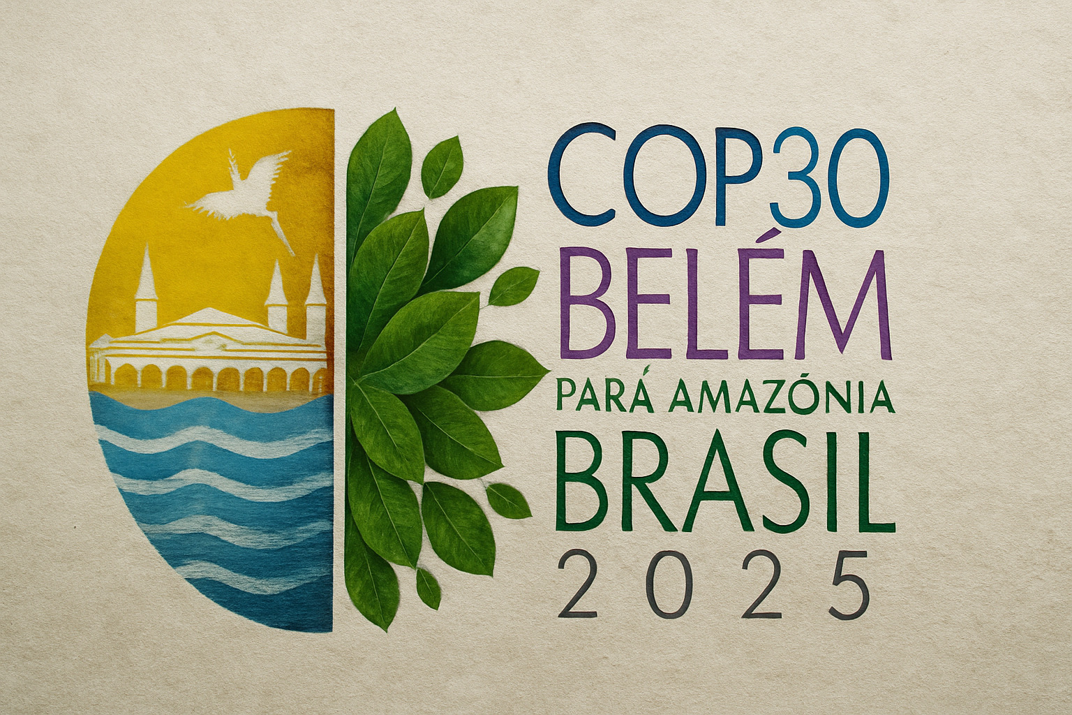 Logo da COP30 Belém 2025 em formato horizontal, com ilustração realista de folhas verdes, o Mercado Ver-o-Peso sobre ondas azuis e um pássaro branco voando sobre fundo amarelo, acompanhado de texto colorido indicando local e ano do evento no Brasil.
