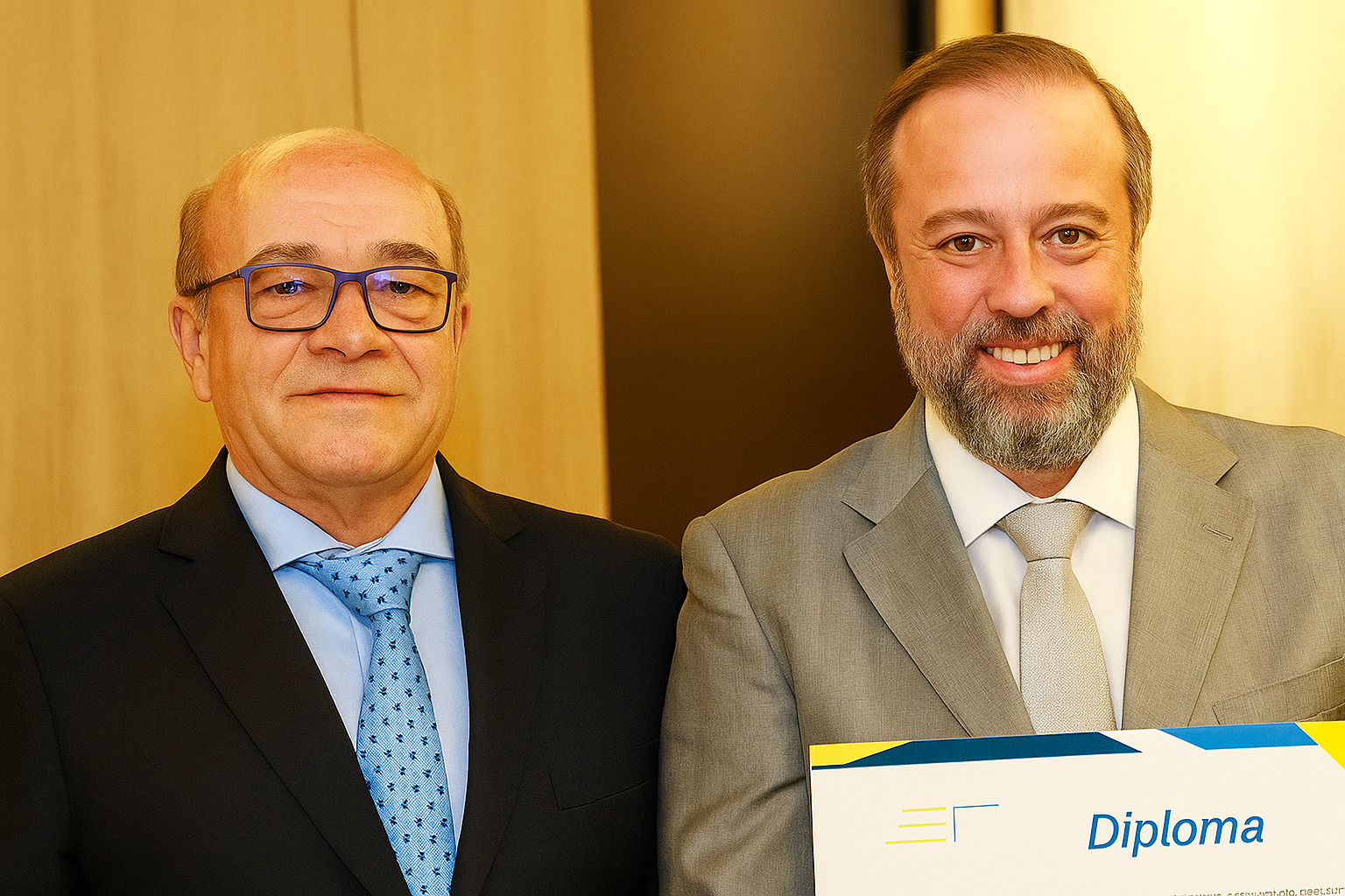 Dois homens de terno posam sorridentes em ambiente formal, sendo que um deles segura um diploma.