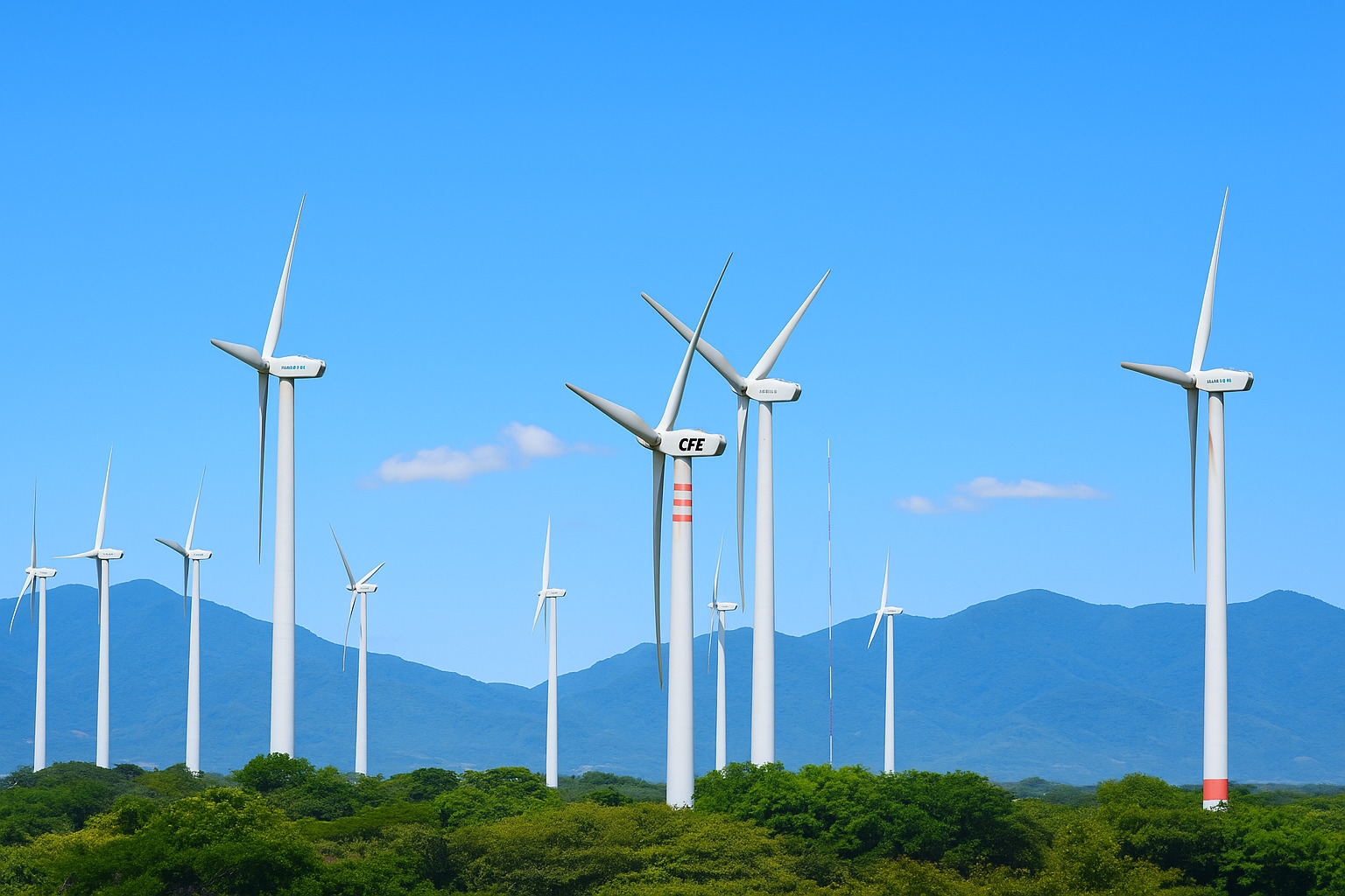 Parque eólico no México com várias turbinas gerando energia limpa em meio à natureza.