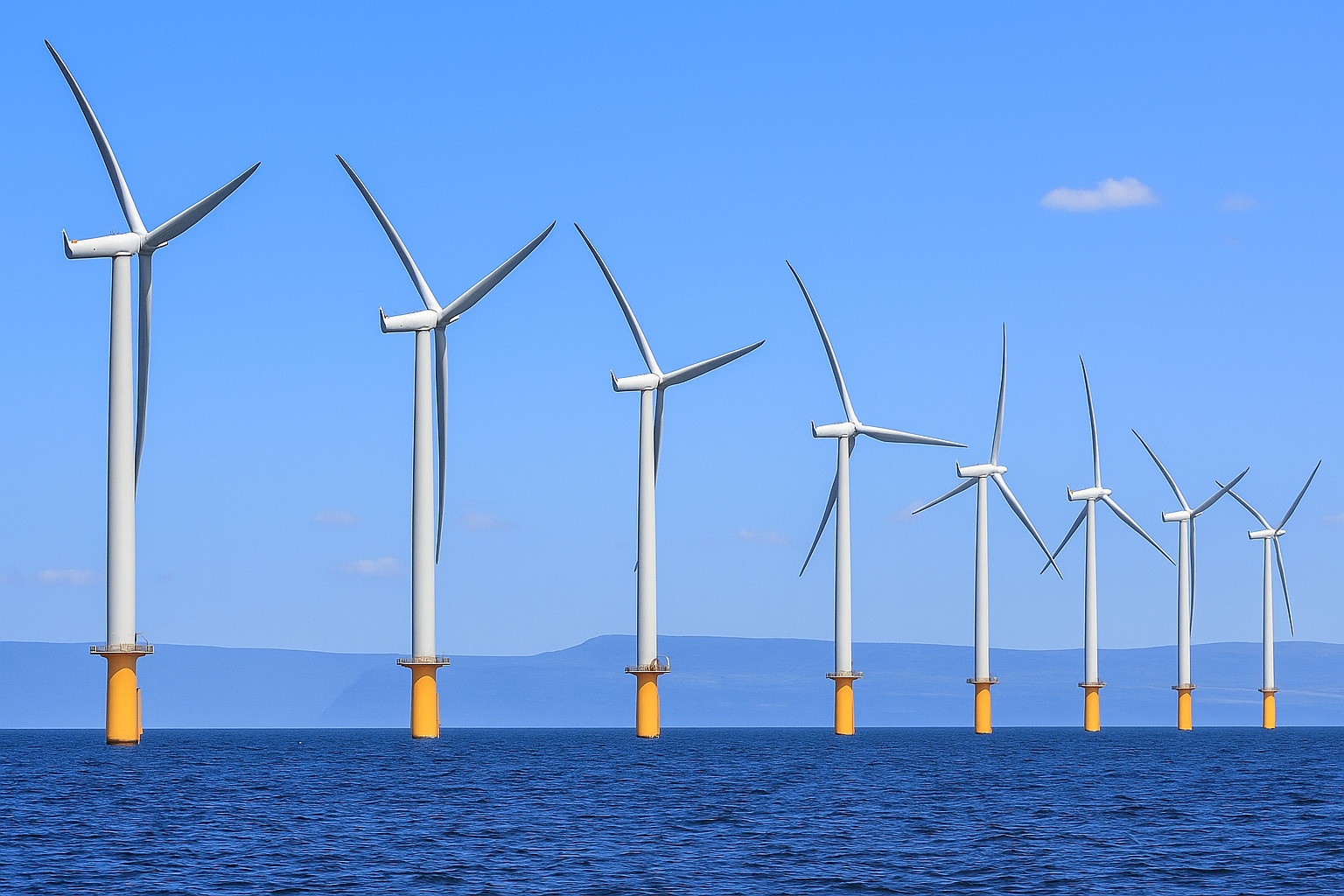 Parque eólico offshore com várias turbinas geradoras de energia no mar em um dia ensolarado.
