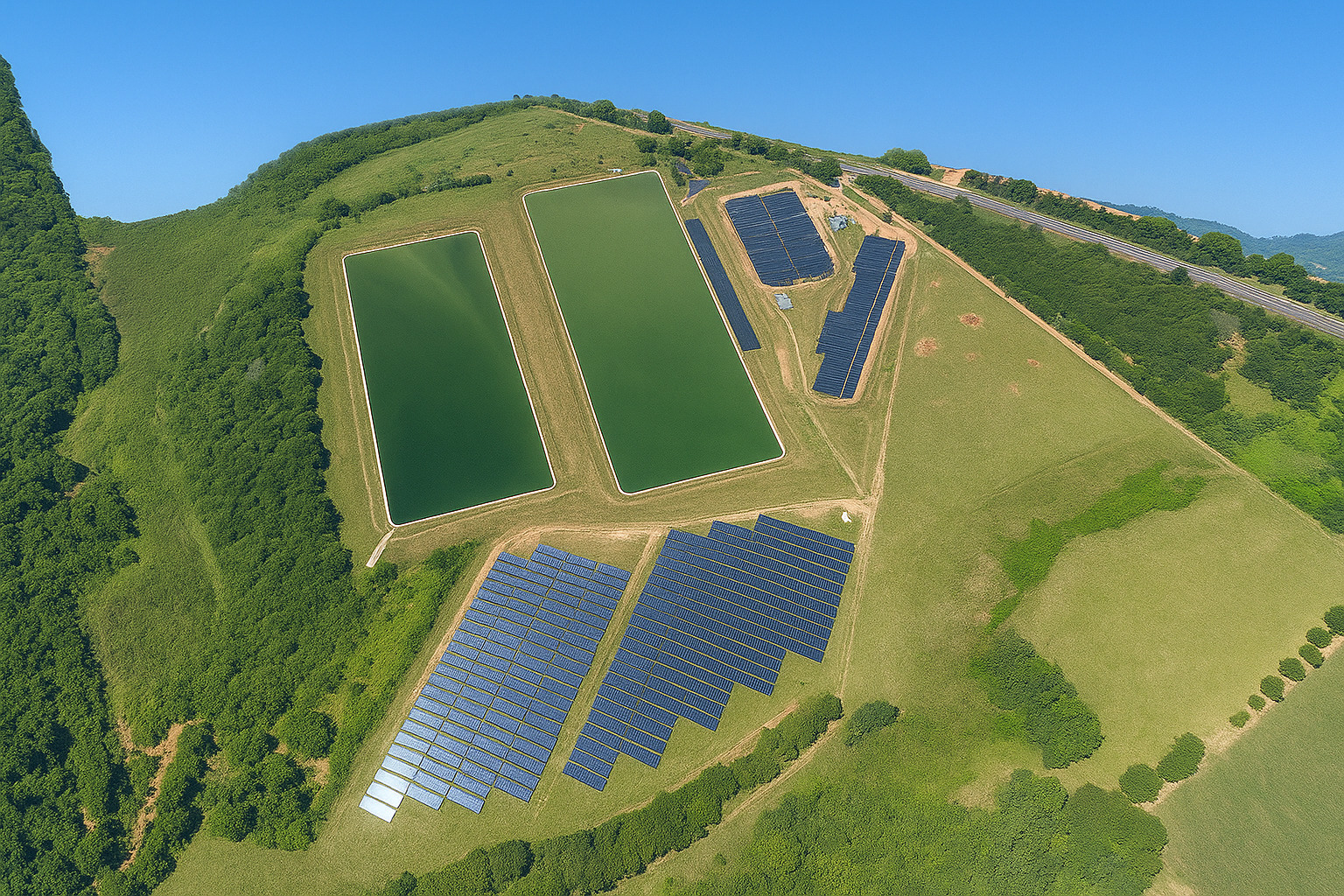 Imagem aérea de uma usina solar ao meio-dia, com painéis fotovoltaicos ao lado de grandes reservatórios de água em uma área verde.