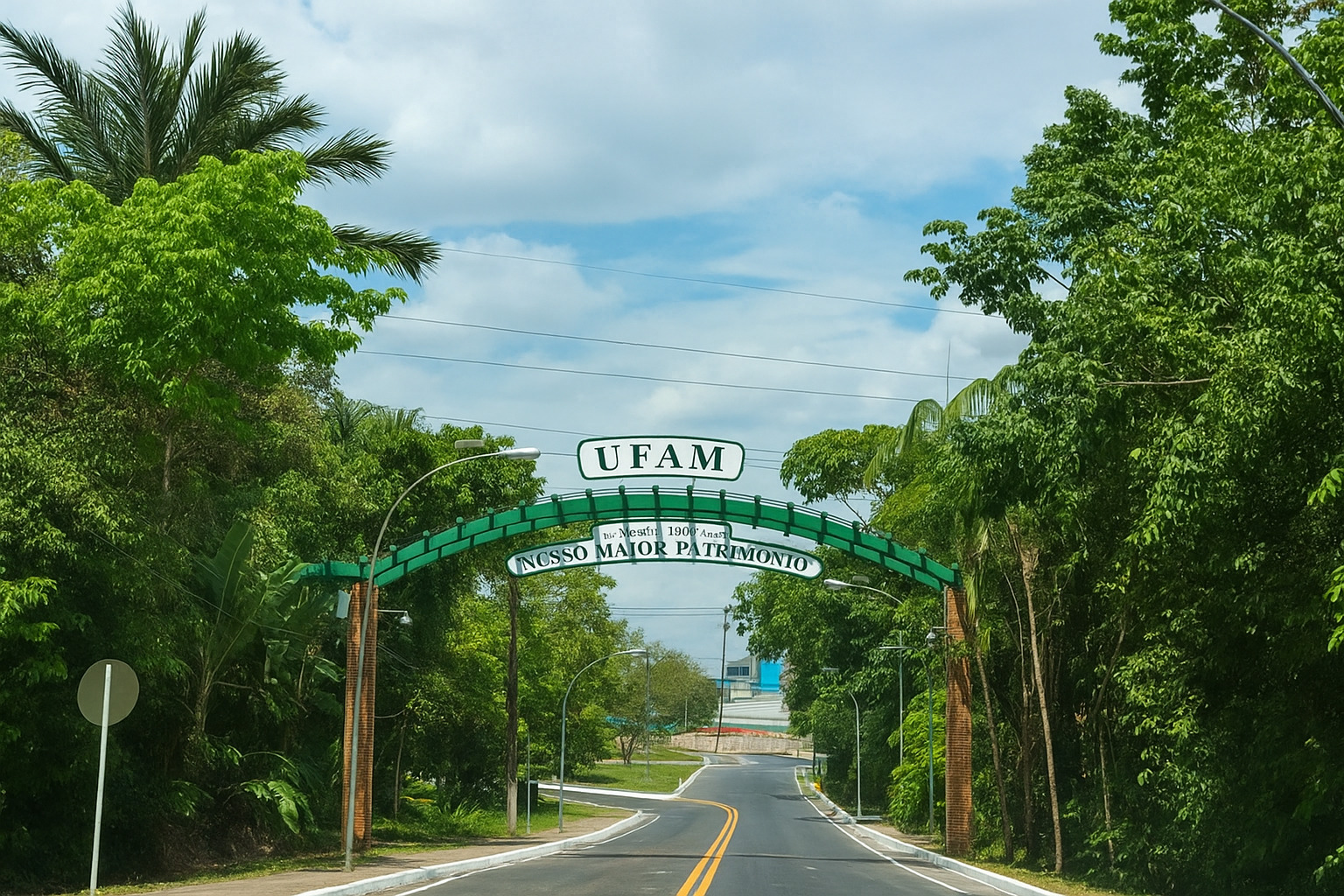 Entrada do campus da Universidade Federal do Amazonas (UFAM) com céu parcialmente nublado ao meio-dia e vegetação densa ao redor da estrada asfaltada.