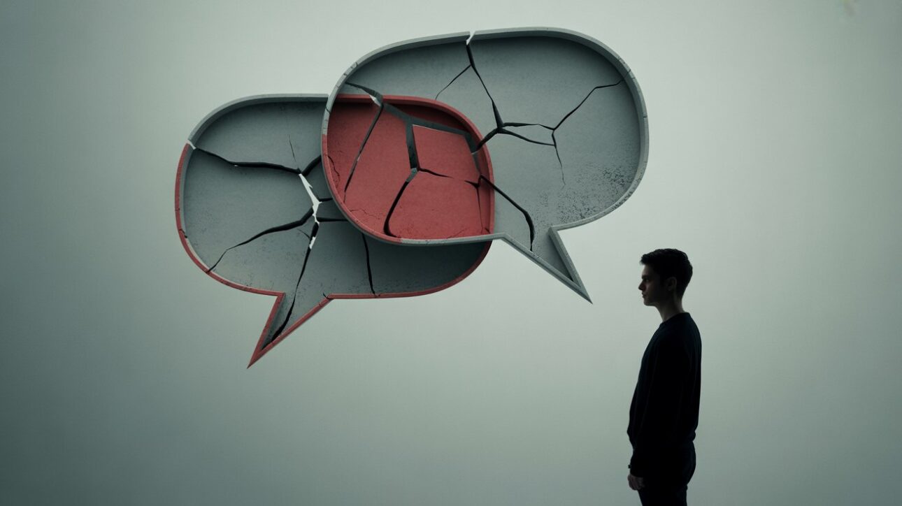 Ilustração conceitual de frases negativas e rigidez emocional, com balões de fala fragmentados e uma figura isolada. (Imagem: reprodução/IA)