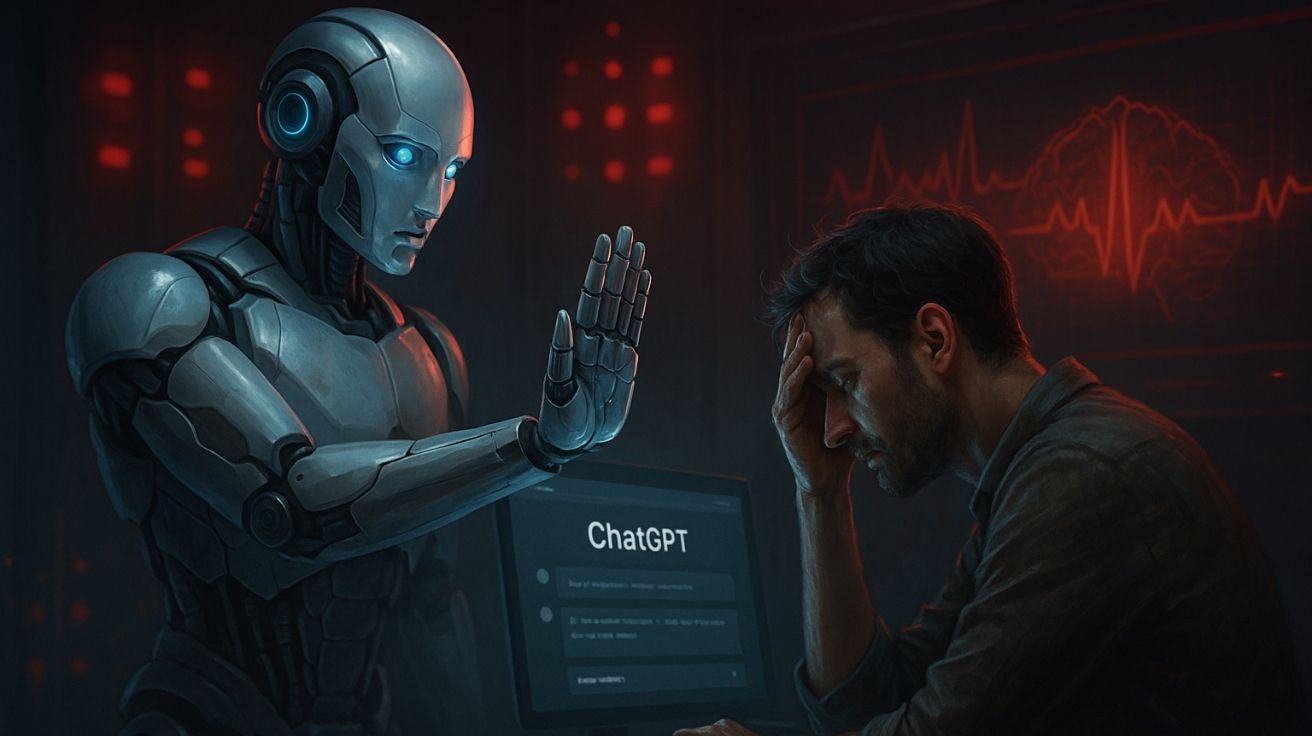 Robô futurista faz sinal de pare para humano cansado diante da tela do ChatGPT, ilustrando os novos alertas de pausa para uso consciente da IA.