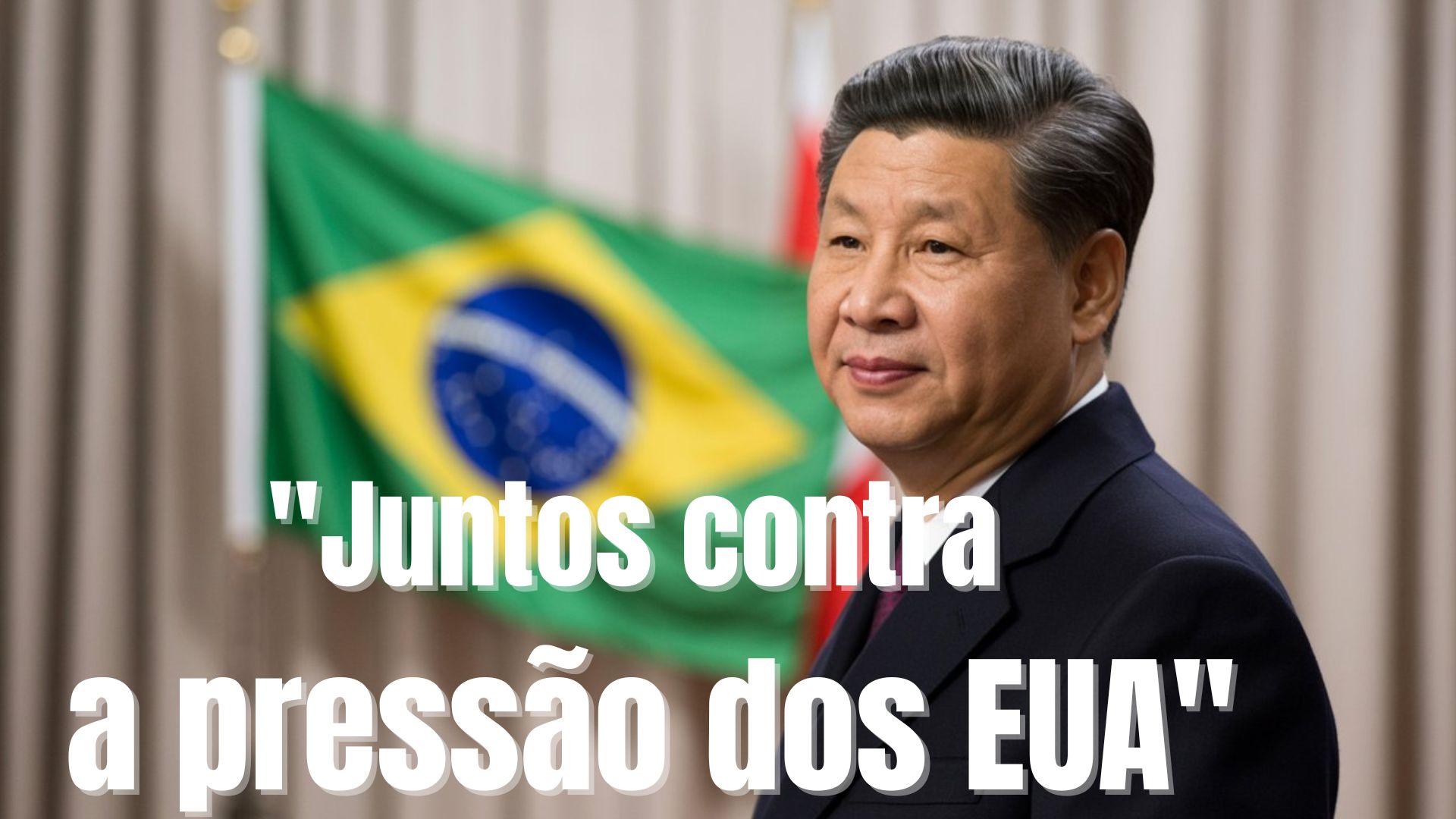 Lula e Xi Jinping apertando as mãos com bandeiras do Brasil, China e Rússia ao fundo.
