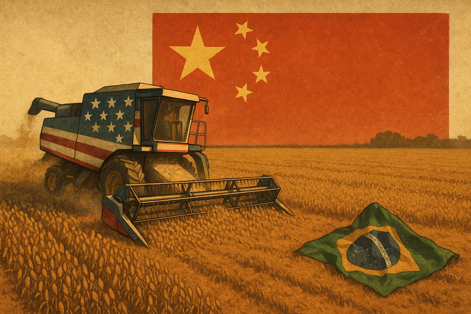 Colheitadeira com bandeira dos EUA em campo de soja diante da bandeira da China, com a bandeira do Brasil caída, representando queda na liderança brasileira.
