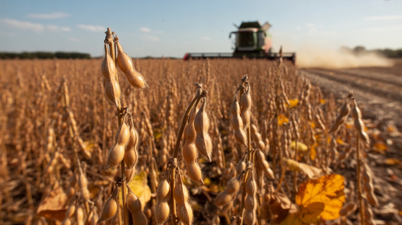 Lavoura de soja com colheitadeira em ação, destacando a mecanização e a produção em larga escala no agronegócio brasileiro