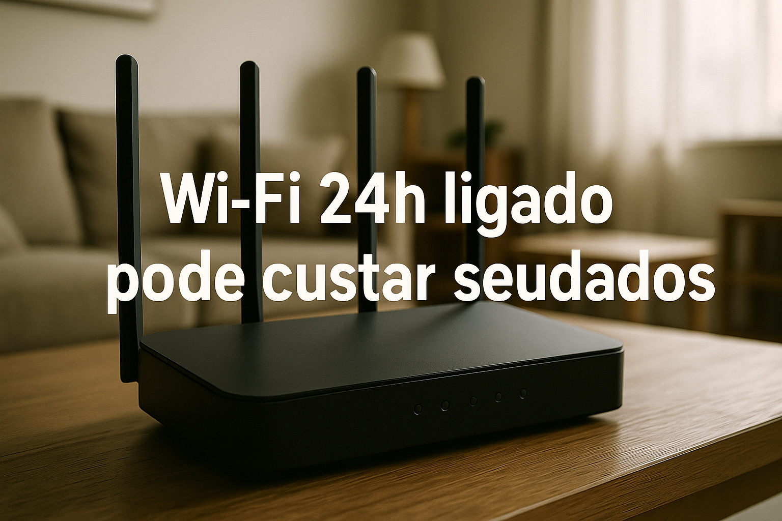 Roteador Wi-Fi doméstico desligado sobre mesa de sala de estar.