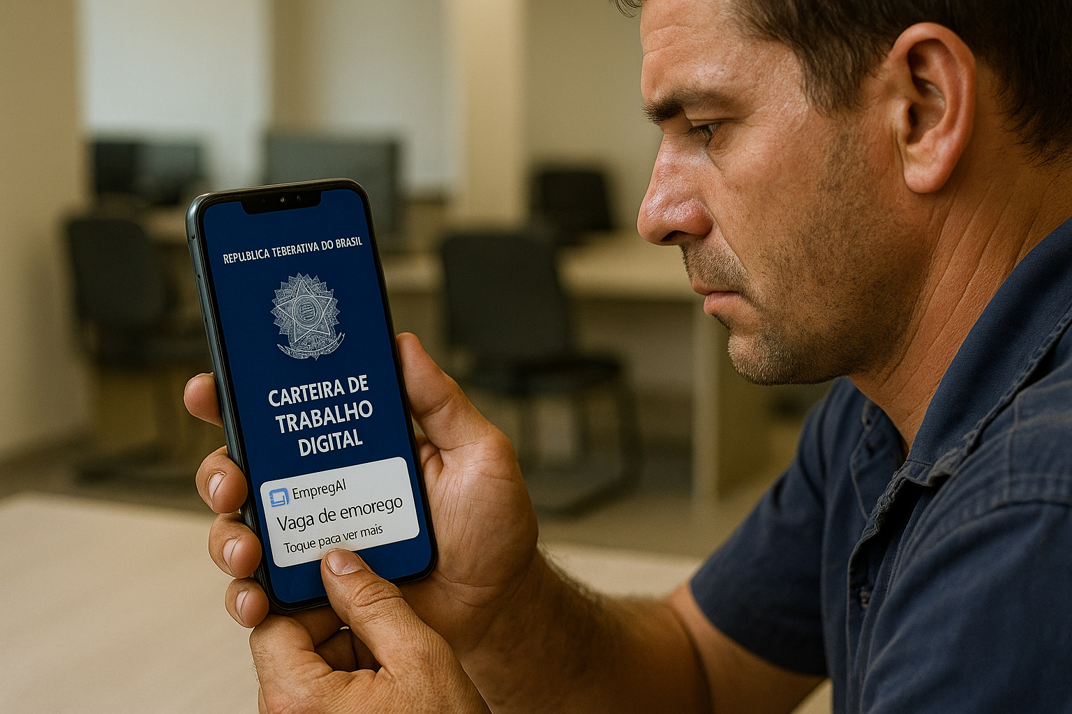 Trabalhador acessa notificações de vagas pelo aplicativo da Carteira de Trabalho Digital com apoio do EmpregAI.