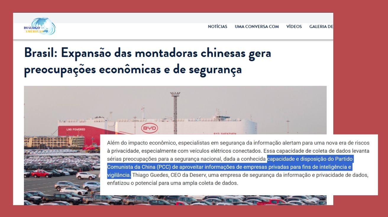 Página do site Diálogo Americas com título sobre expansão de montadoras chinesas no Brasil e destaque para alerta sobre uso de dados por parte do Partido Comunista Chinês.