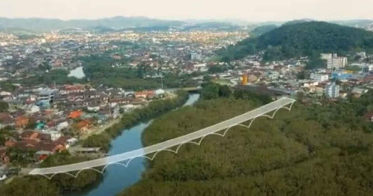 Joinville investe R$ 25,9 milhões em ponte curva com tecnologia cantitravel para cruzar o rio Itaum, preservando vegetação nativa e melhorando mobilidade. (Foto: Divulgação)