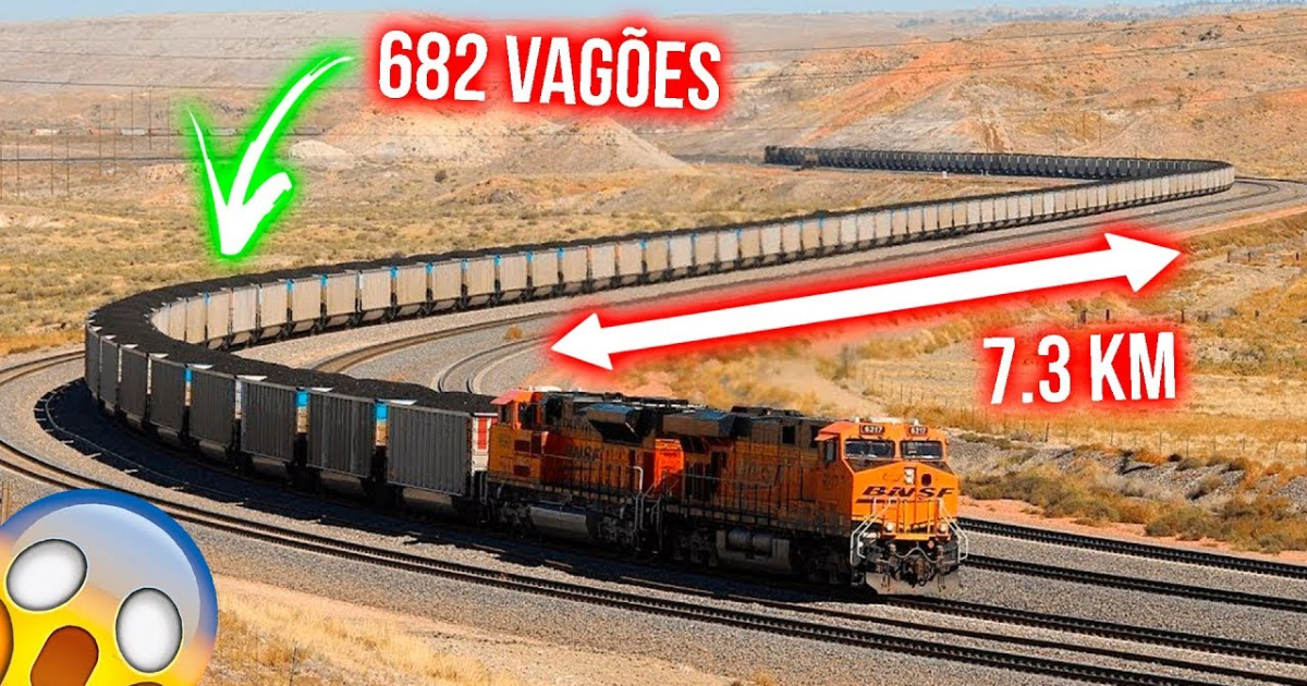 Descubra como 8 locomotivas e 682 vagões formam o trem mais longo e pesado do mundo, um marco histórico da engenharia ferroviária. (Foto: CuriososporNatureza)