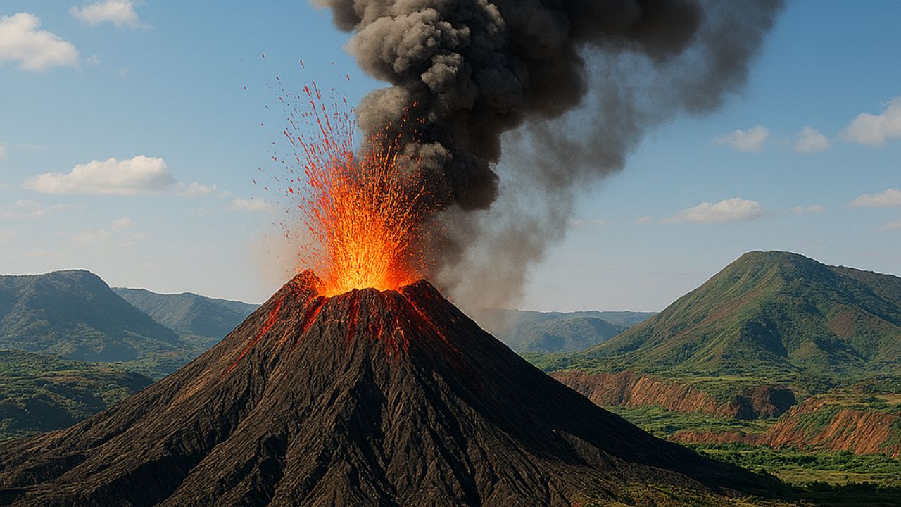 Erupção vulcânica simulada nas jazidas.