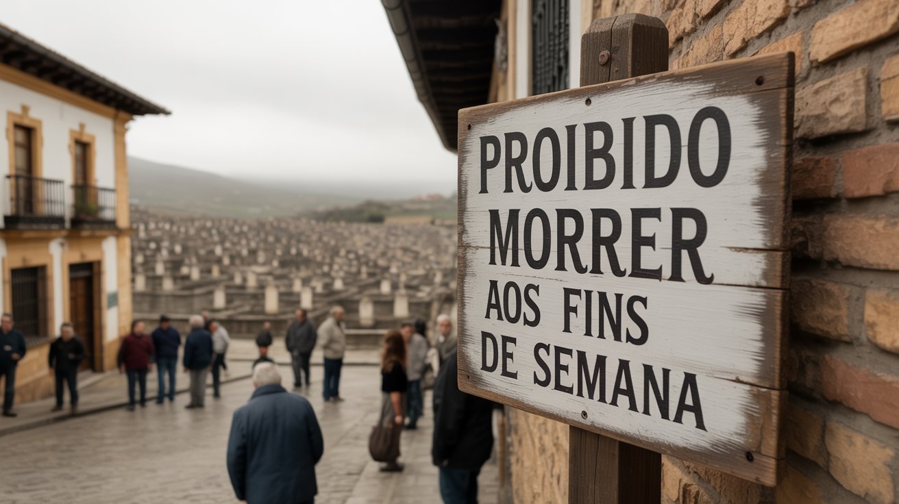 Cidade espanhola Lanjarón com placas alertando sobre proibição simbólica de falecimentos aos fins de semana