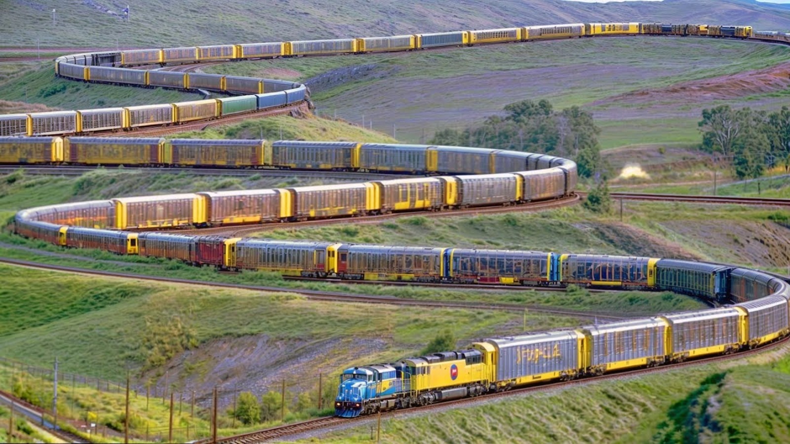 Trem mais longo, trilhos, Locomotivas, Vagões