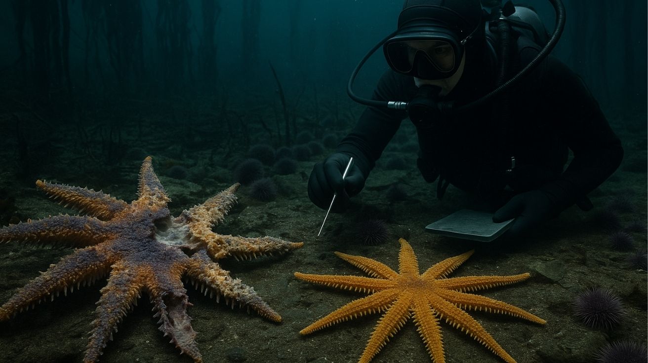 Cientista subaquático analisa estrela-do-mar doente ao lado de uma saudável, representando o mistério no oceano solucionado por pesquisadores.