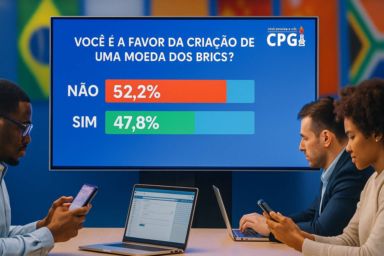 Plateia dividida levantando placas de SIM e NÃO sobre criação da moeda do BRICS em comparação ao dólar, com bandeiras ao fundo.