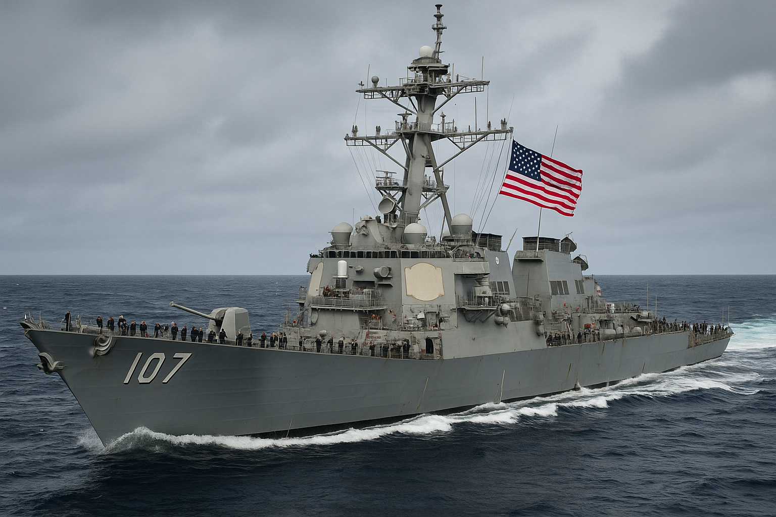 Navio de guerra USS Gravely da Marinha dos EUA navegando no Caribe durante operações militares.