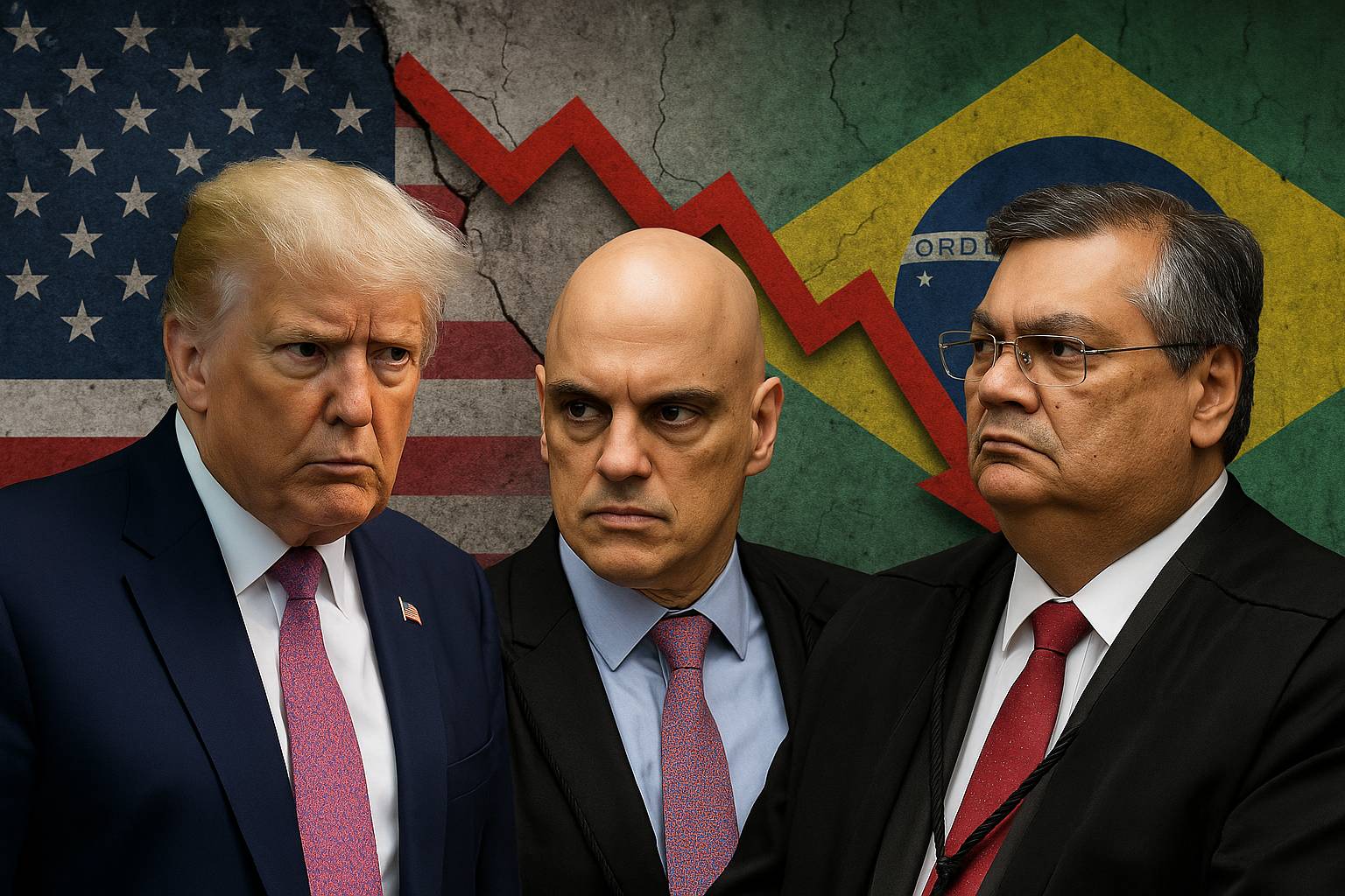 Donald Trump, Alexandre de Moraes e Flávio Dino frente a frente com cenário de crise financeira entre EUA e Brasil.
