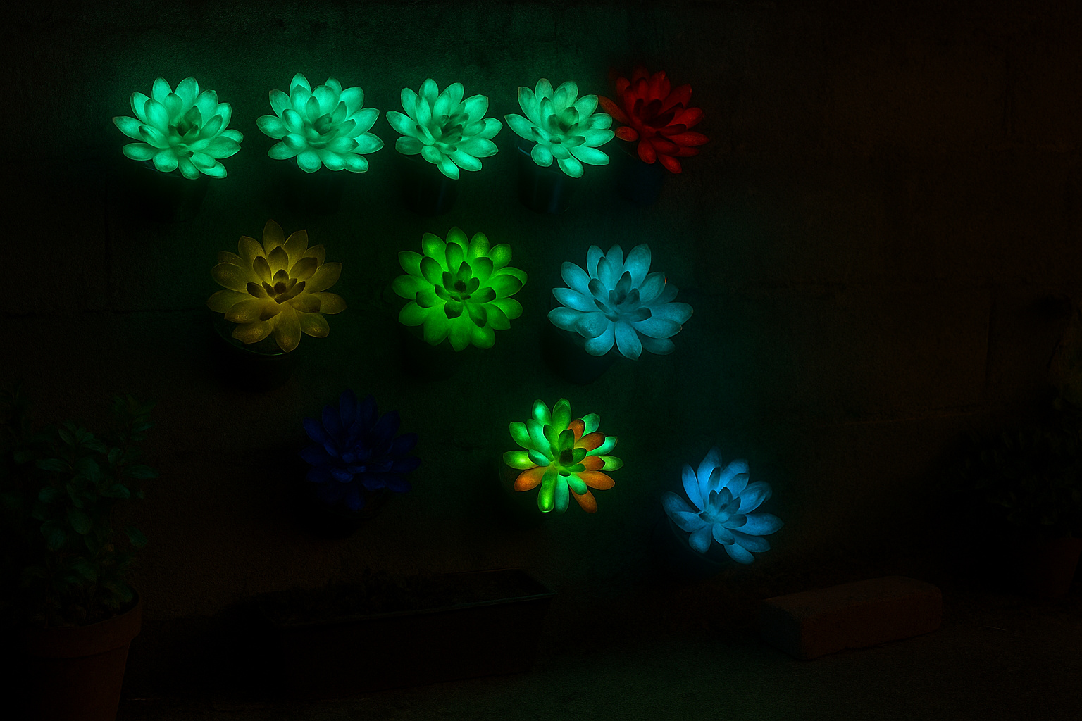 Suculentas bioluminescentes criadas por cientistas chineses brilham em verde, azul e vermelho após exposição solar