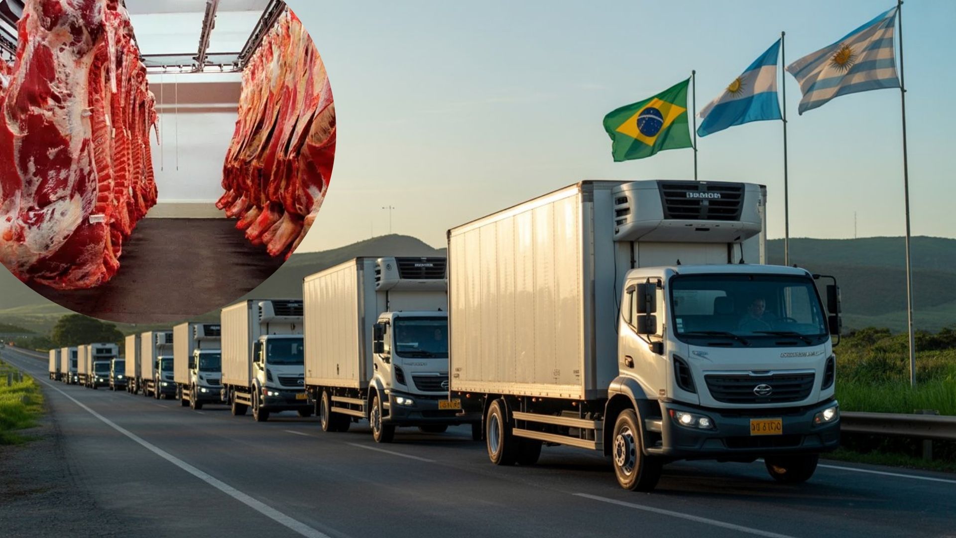 Caminhões transportando carne bovina do Brasil para Argentina e Uruguai após tarifaço dos Estados Unidos.