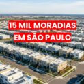 Conjunto habitacional recém-construído em São Paulo com 15 mil moradias do programa Casa Paulista, mostrando casas modernas em padrão uniforme e ruas planejadas.