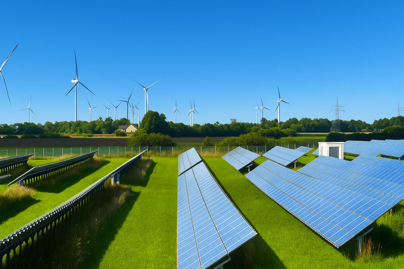 Parque de energia renovável com painéis solares e turbinas eólicas sob céu limpo.