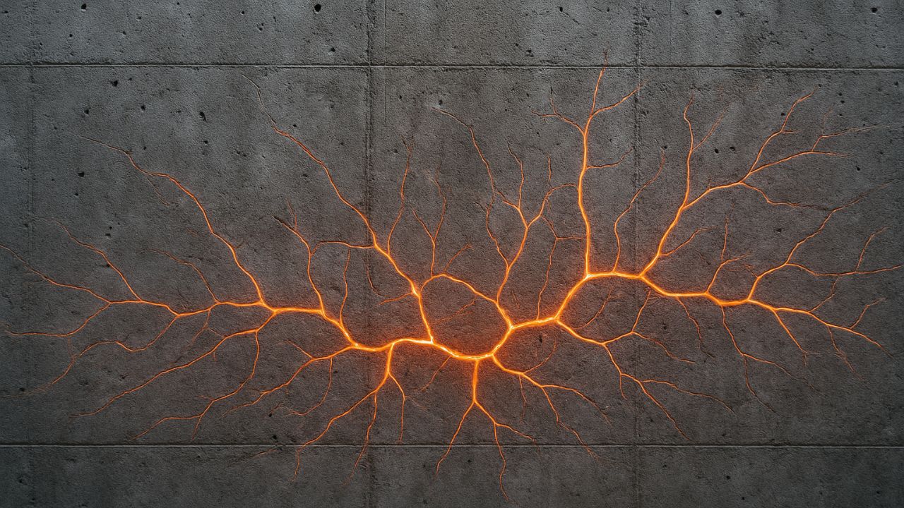 Uma parede de concreto, com uma textura moderna e robusta, é a base da imagem, representando a infraestrutura e a construção civil. Entalhado na superfície da parede, um grande símbolo de bateria brilha com uma intensa luz azul, indicando sua capacidade de armazenar energia. Por baixo da superfície, uma rede de veias luminosas, semelhante a bactérias ou a uma estrutura de DNA, pulsa, revelando o componente "vivo" do cimento.