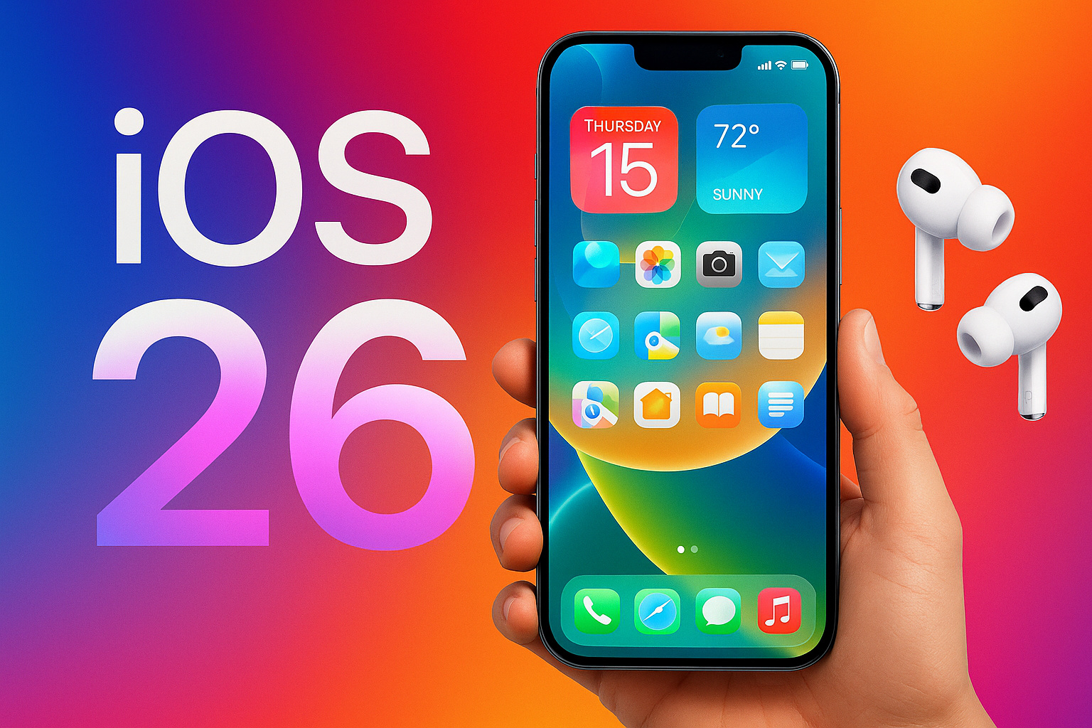 iPhone com iOS 26 exibindo novo visual e cores vibrantes, ao lado de AirPods, representando a atualização da Apple lançada em setembro de 2025.
