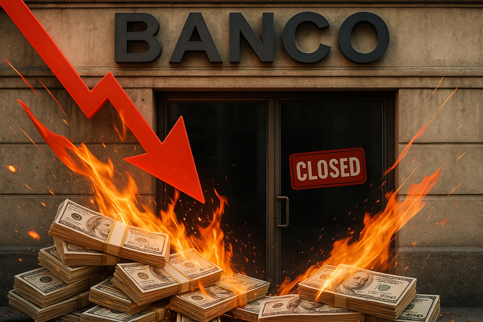 Fachada de banco fechado com pilhas de dinheiro em chamas e seta vermelha em queda representando crise financeira e falência bilionária.