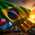 Riquezas minerais brasileiras com ouro, pedras preciosas e bandeira do Brasil ao fundo
