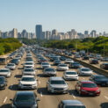 Trânsito intenso em avenida brasileira com bandeira nacional em destaque representando posição do Brasil fora do ranking das dez cidades mais congestionadas do mundo