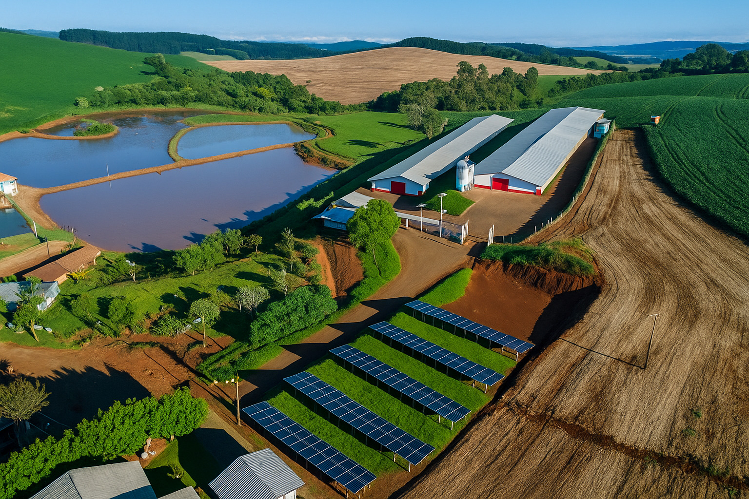 Vista aérea de uma fazenda com painéis solares e lagoas em um dia ensolarado.