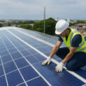 Profissional instalando painel solar em telhado urbano.