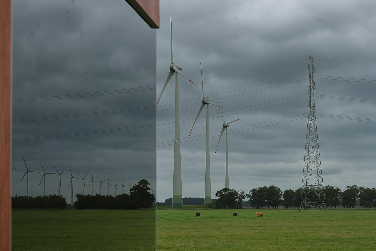 Campo verde com turbinas eólicas e céu nublado refletido em vidro de edifício.