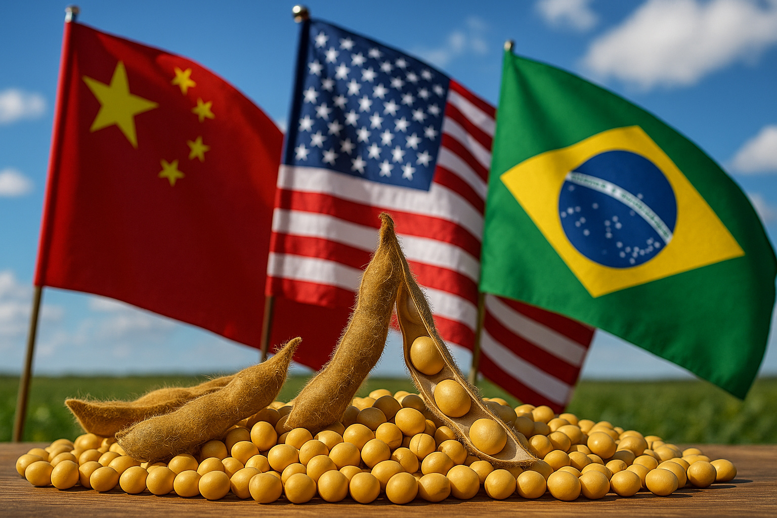 Bandeiras da China, Estados Unidos e Brasil ao fundo de grãos de soja sobre mesa de madeira em cenário rural ensolarado.