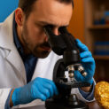 Cientista analisa amostra de ouro em laboratório com auxílio de microscópio.