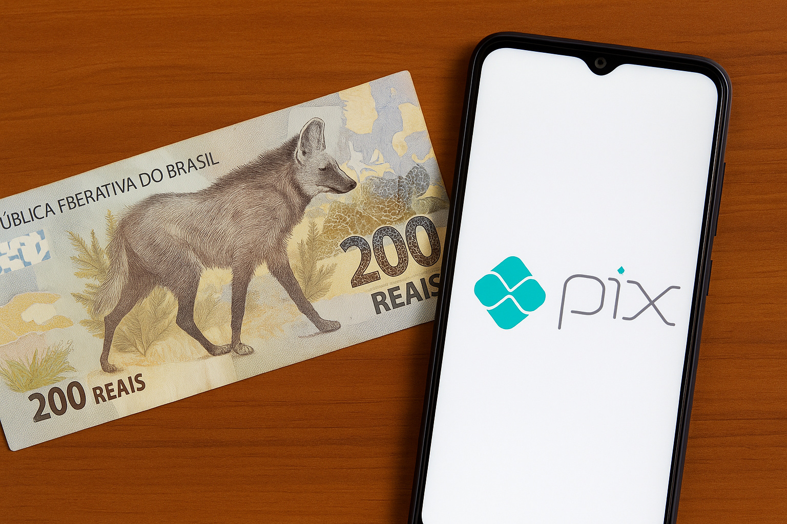 Nota de R$ 200 com lobo-guará ao lado de celular exibindo o aplicativo Pix, simbolizando a queda do dinheiro físico no Brasil.
