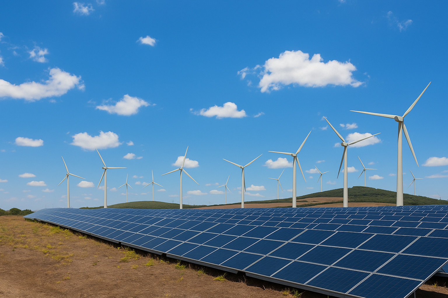 Parque de energia renovável com painéis solares e turbinas eólicas sob céu azul com nuvens ao meio-dia.
