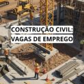 Canteiro de obras com trabalhadores e máquinas em atividade na construção civil, destacando estrutura metálica, equipamentos e ambiente urbano em desenvolvimento.