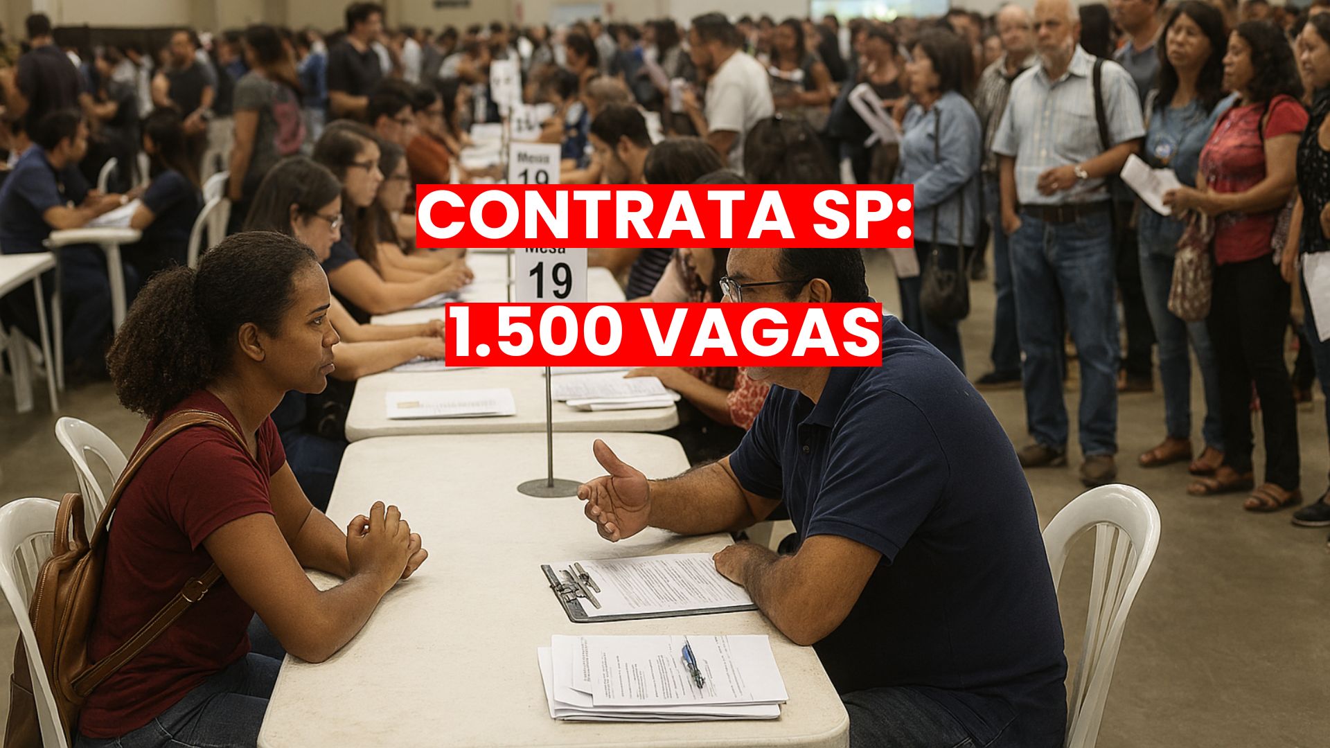 Pessoas participam de um mutirão de emprego em São Paulo, sentadas frente a frente em mesas numeradas, enquanto outras aguardam na fila para entrevistas com recrutadores.