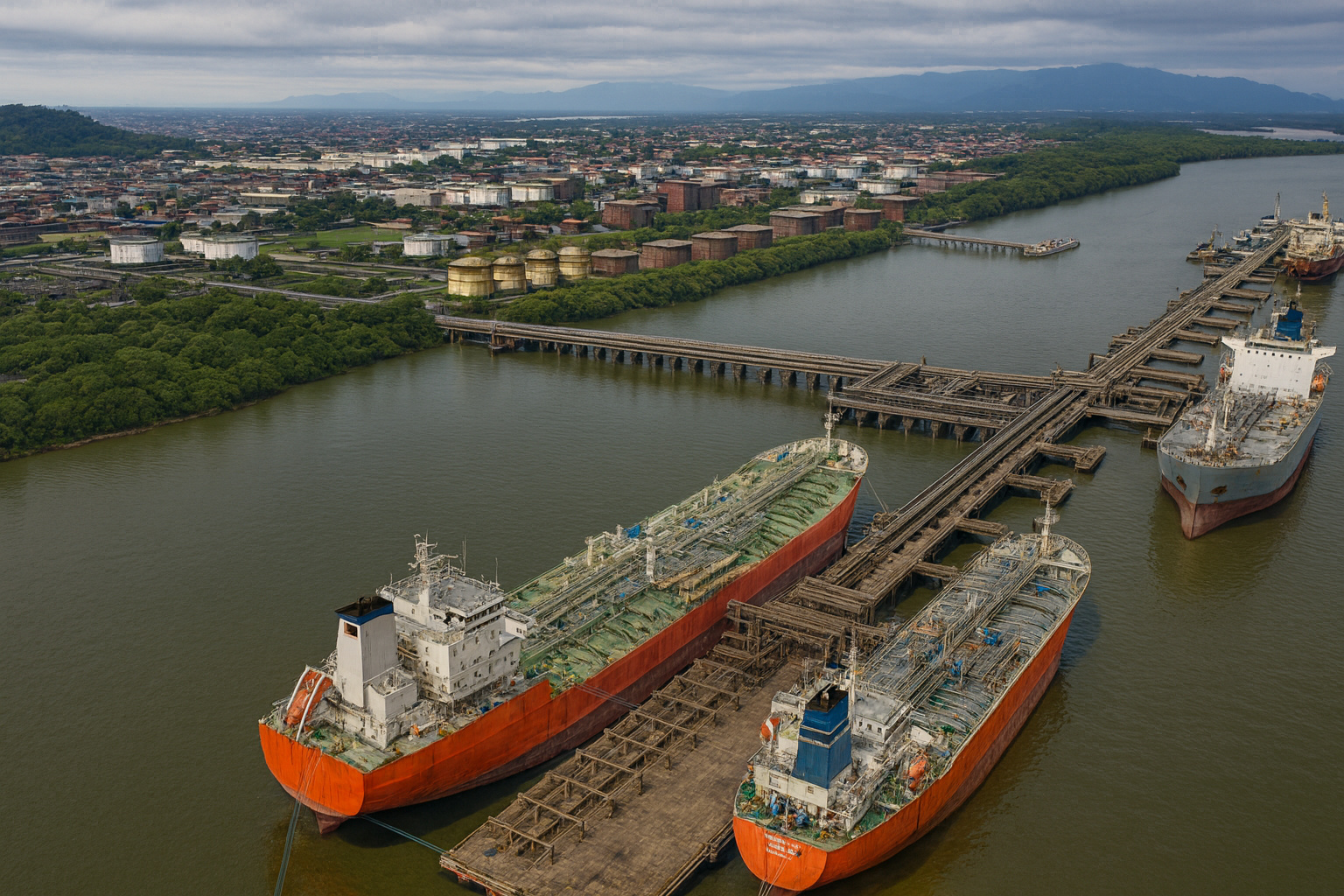 Navios cargueiros atracados no terminal portuário de Paranaguá com tanques de combustíveis ao fundo