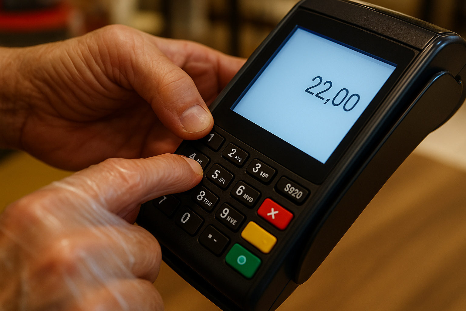 Cliente digita senha em maquininha de cartão exibindo valor de R$ 22, referência ao golpe da maquininha em Goiânia.