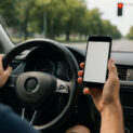Motorista segura celular na mão esquerda enquanto dirige parado em semáforo com sinal vermelho