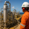 Plataforma da Petrobras em Macaé com estrutura de captura e armazenamento de CO₂ em operação offshore.