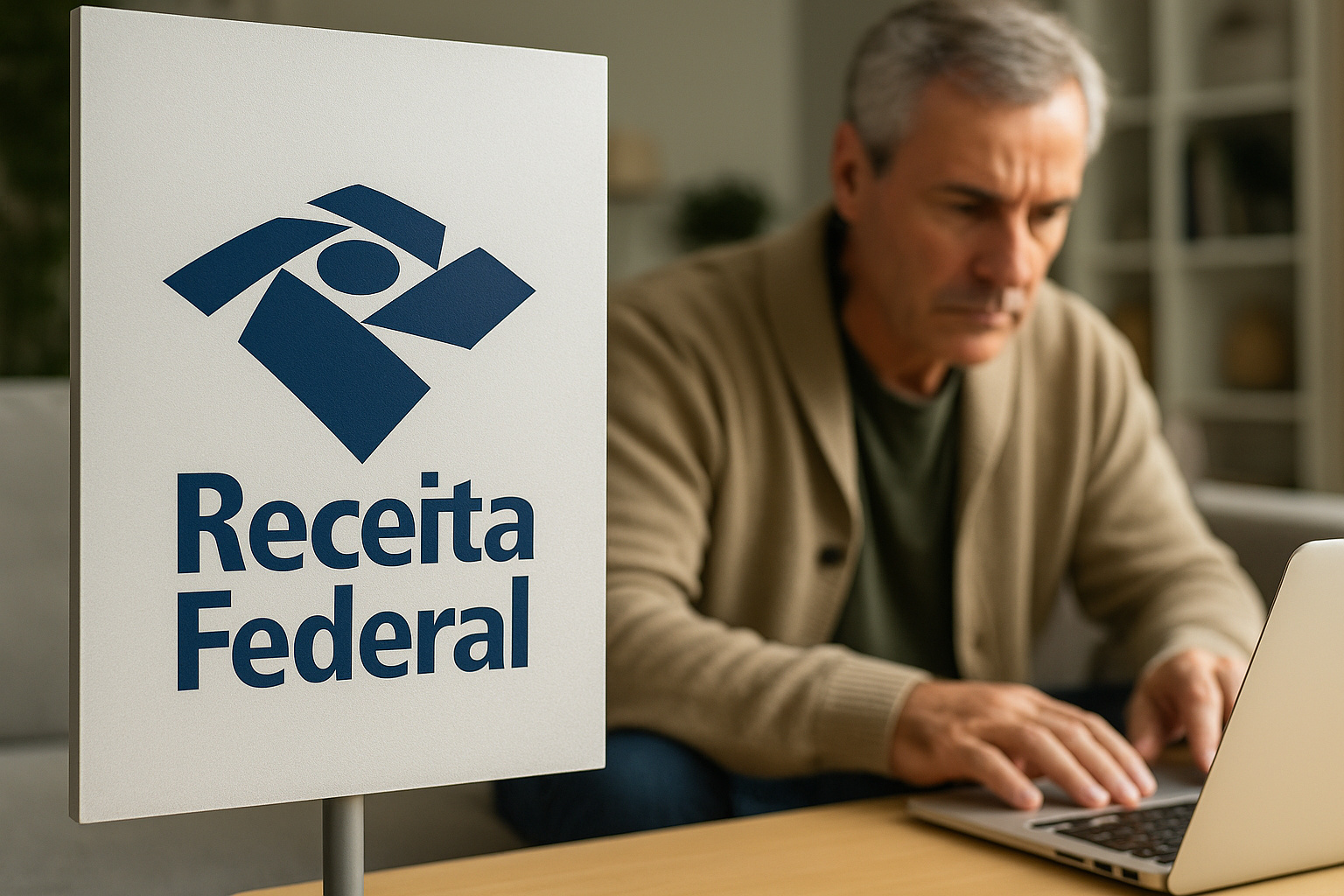 Homem usando laptop ao lado de placa da Receita Federal, representando fiscalização de contratos de aluguel.